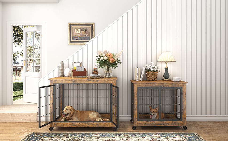 Furniture Dog Crate Side Table on Casters | Double Door Lift Top Kennel