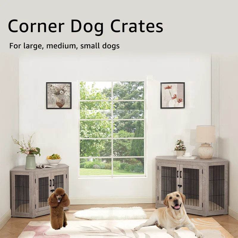Corner Dog Crate Furniture | End Table Pet Kennel with Cushion