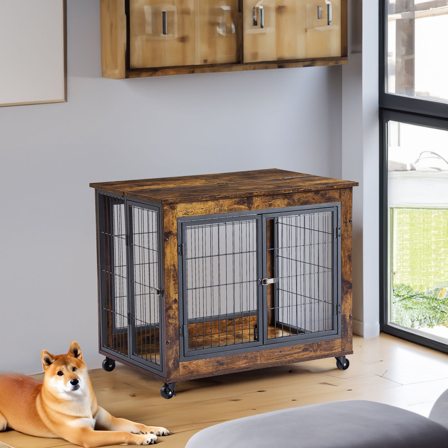 31.5" Furniture Style Dog Crate on Wheels | Wooden End Table Kennel