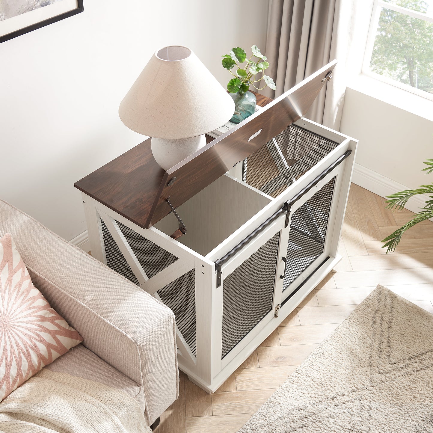 Farmhouse Dog Crate Furniture with Barn Door | Wooden Kennel End Table