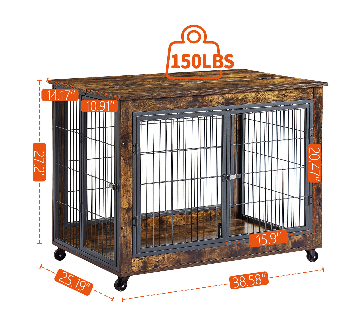 Furniture Dog Crate Side Table on Casters | Double Door Lift Top Kennel