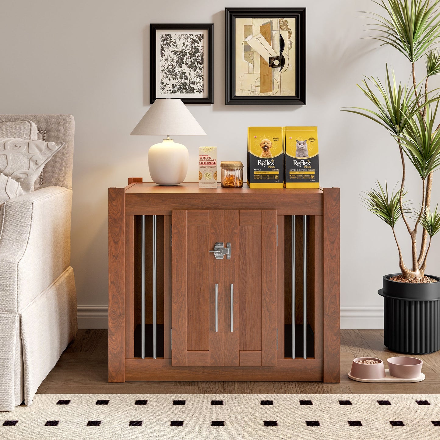 2-in-1 Dog Crate Ottoman with Bench | 30" Wooden Kennel (Walnut)