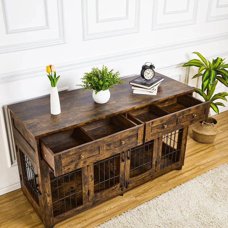 Dog Crate Furniture with Openable Partition | Double Door Wooden End Table Kennel with Drawers & Divider