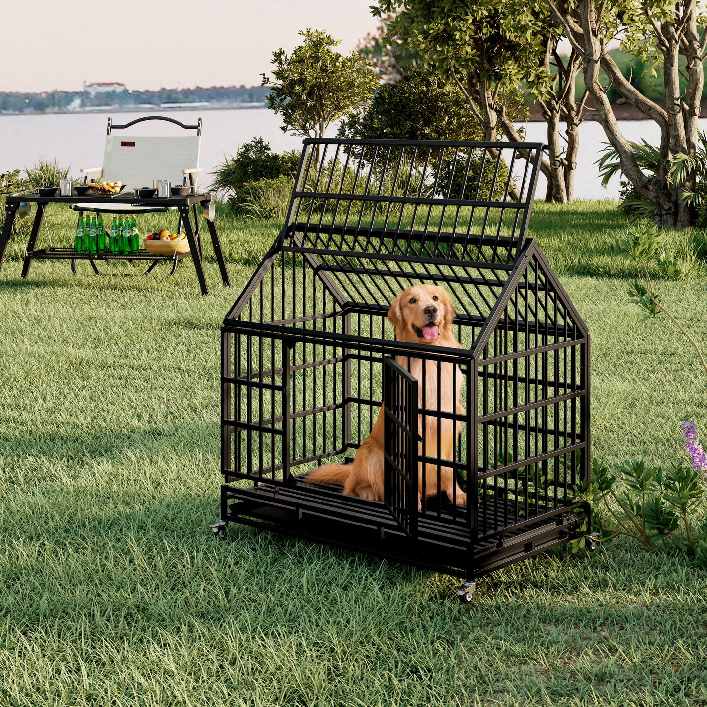 Heavy Duty Dog Crate with Wheels, 48 in Folding Metal, Black