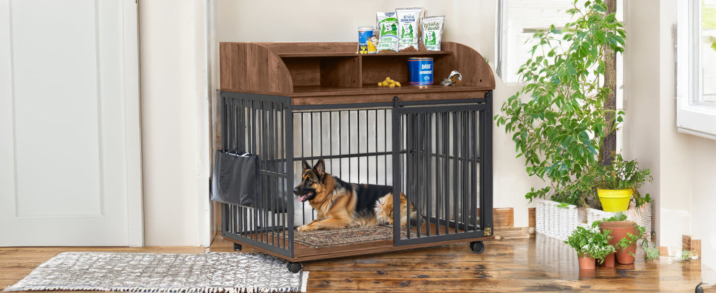 Large Dog Crate End Table | Sliding Barn Door Pet Kennel with Double Shelf Storage