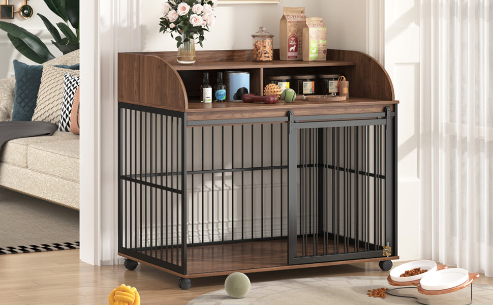 Wooden Dog Kennel End Table | 44" Heavy Duty Dog Crate Furniture with Wheels