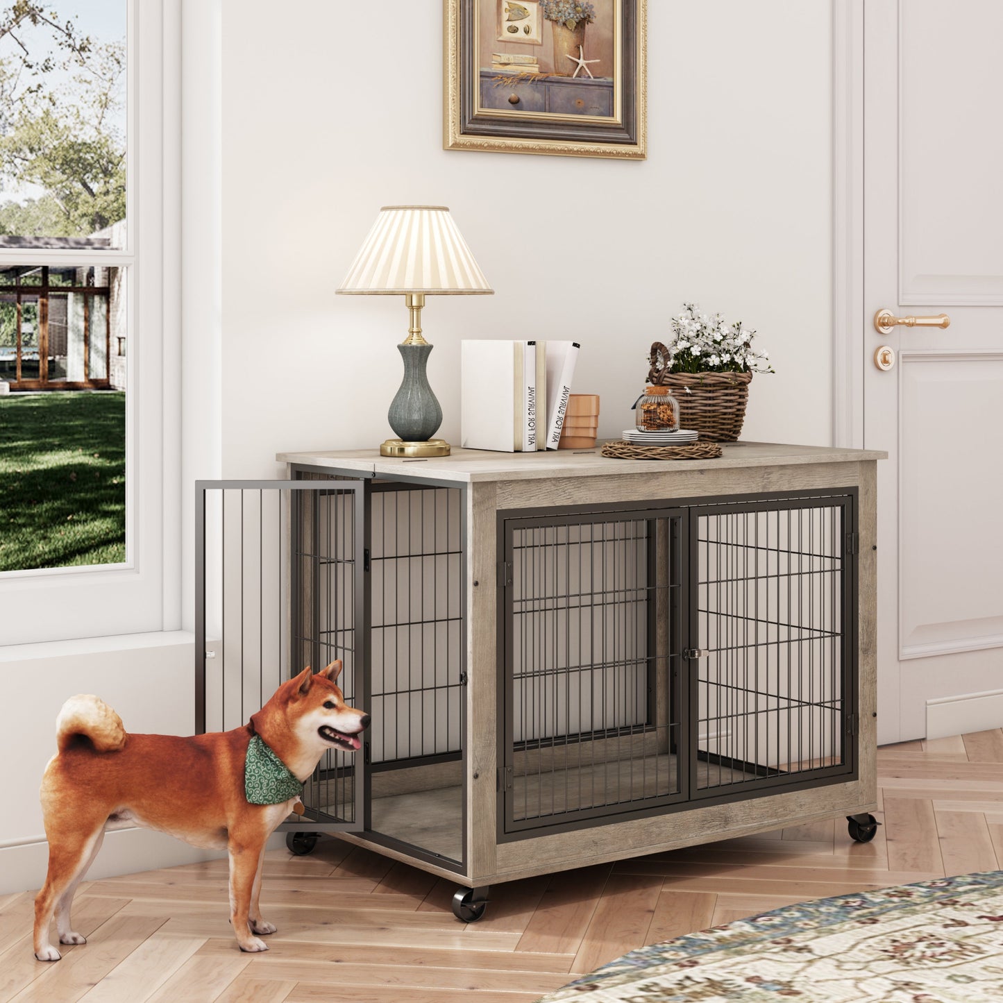 38" Grey Furniture Style Dog Crate on Wheels | Double Door Kennel Table