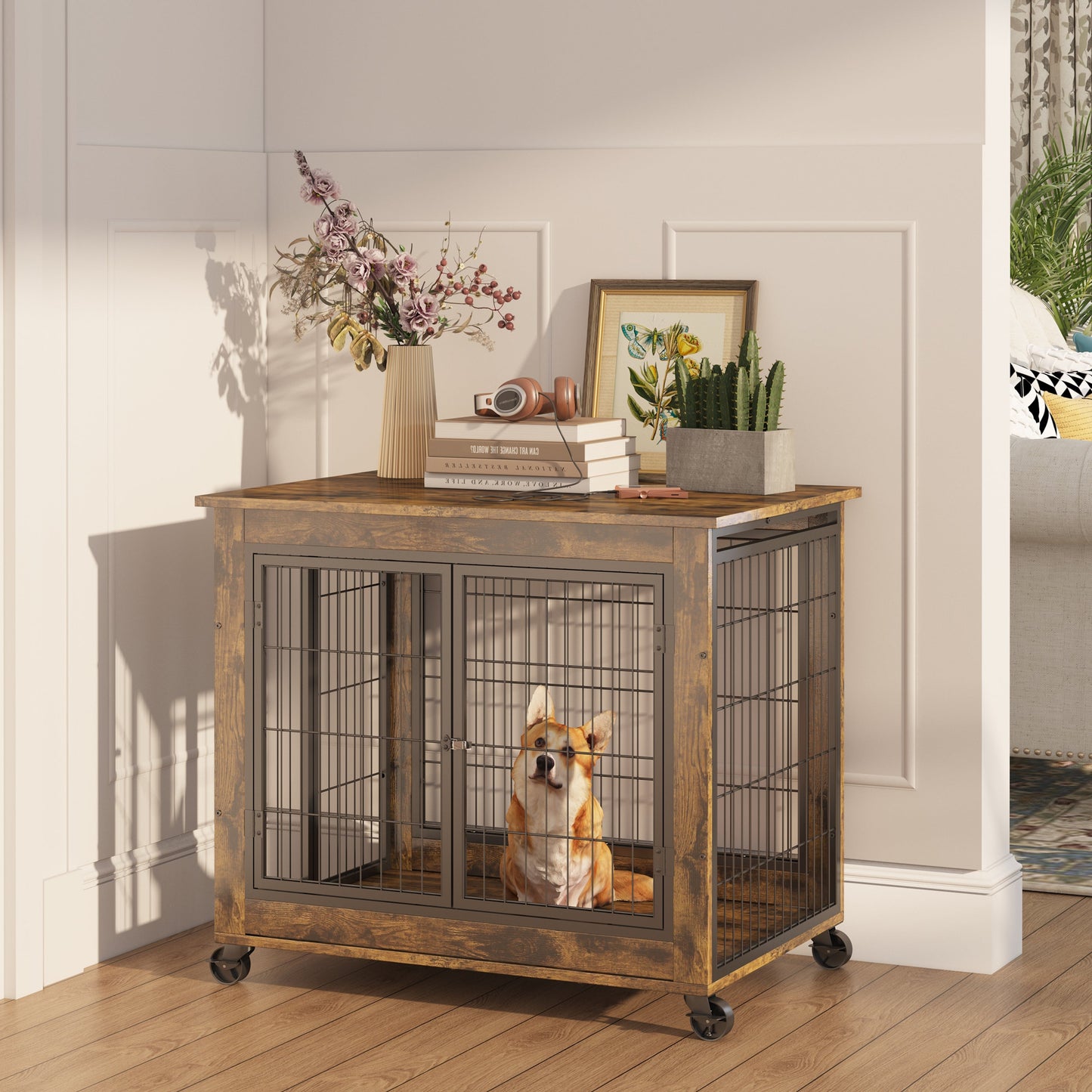 31.5" Furniture Style Dog Crate on Wheels | Wooden End Table Kennel