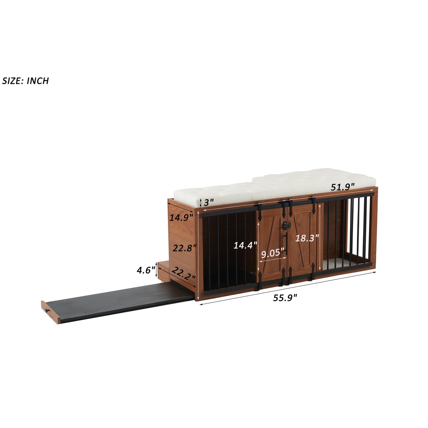 56" Furniture Style Dog Crate with Bench | Sliding Barn Door Kennel (Walnut)