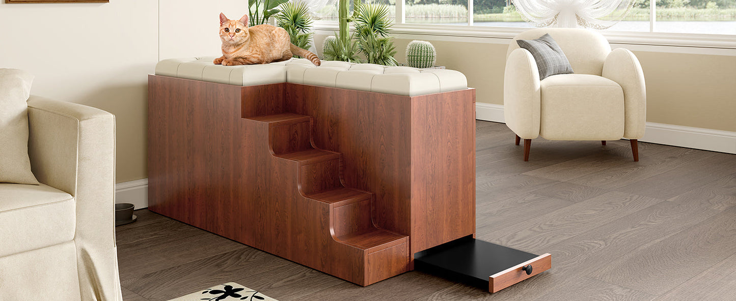 56" Furniture Style Dog Crate with Bench | Sliding Barn Door Kennel (Walnut)
