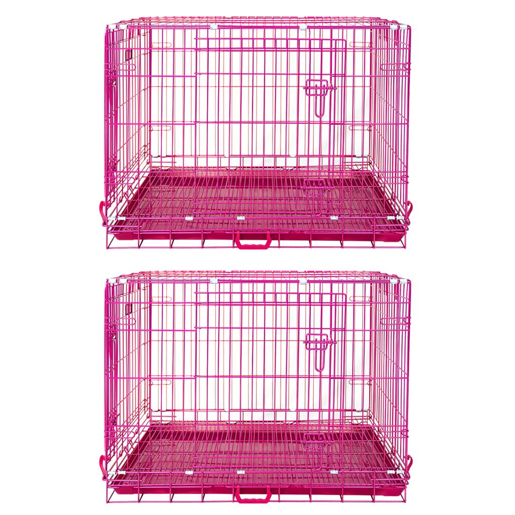 24-42" Collapsible Pink Dog Crate | Double Door Wire Kennel with Leak-Proof Tray