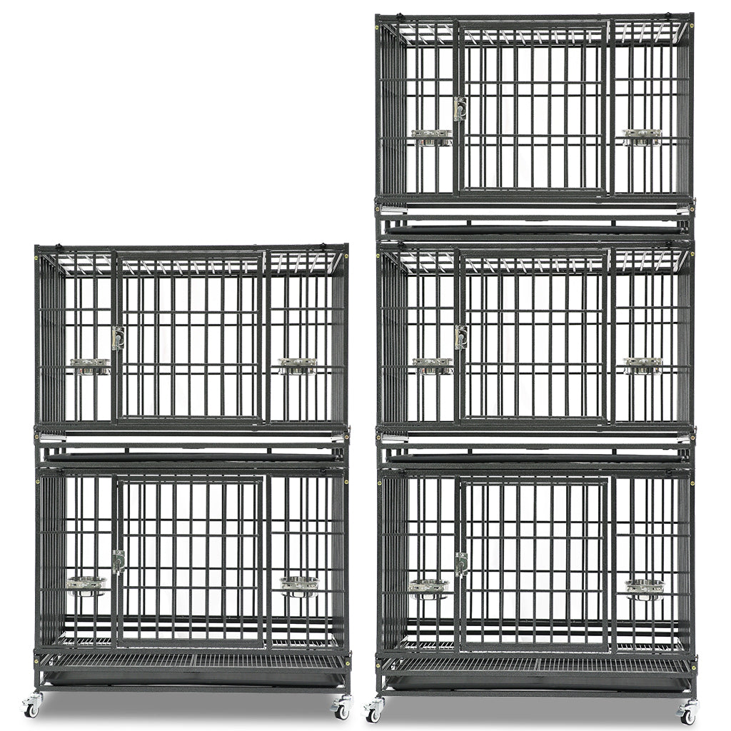 37 Inch Heavy Duty Dog Crate | Stackable Steel Kennel with Open Top, Wheels & Bowls
