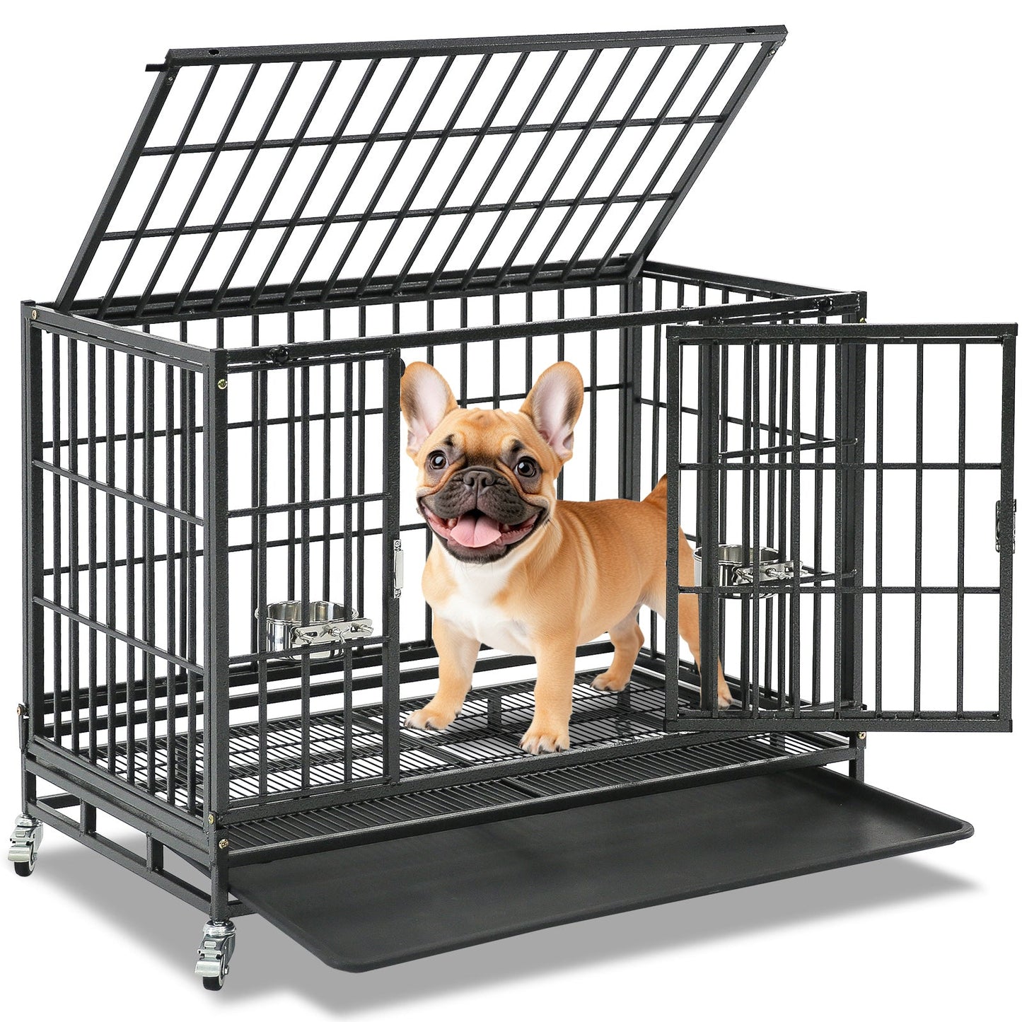 37 Inch Heavy Duty Dog Crate | Stackable Steel Kennel with Open Top, Wheels & Bowls