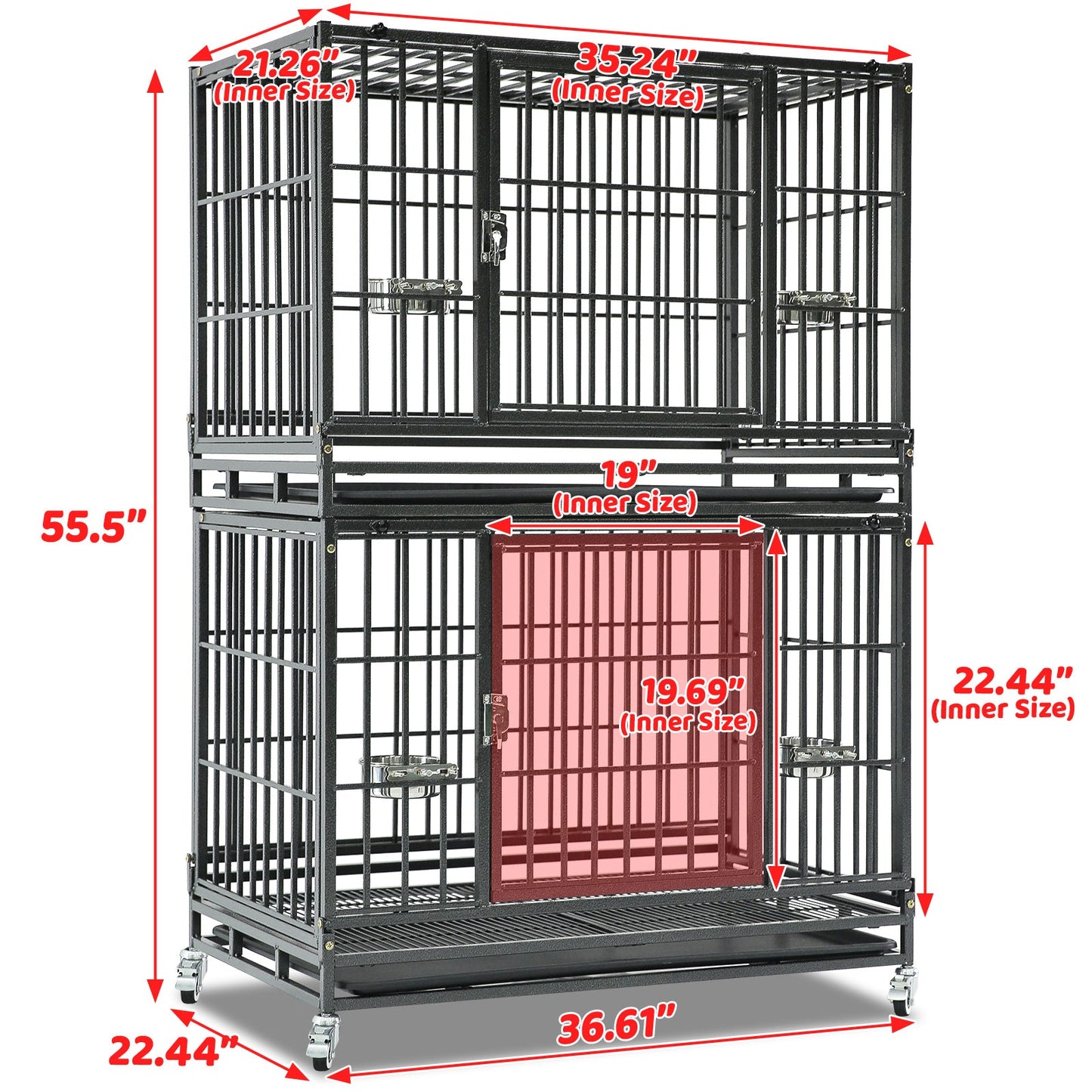 37 Inch Heavy Duty Dog Crate | Stackable Steel Kennel with Open Top, Wheels & Bowls