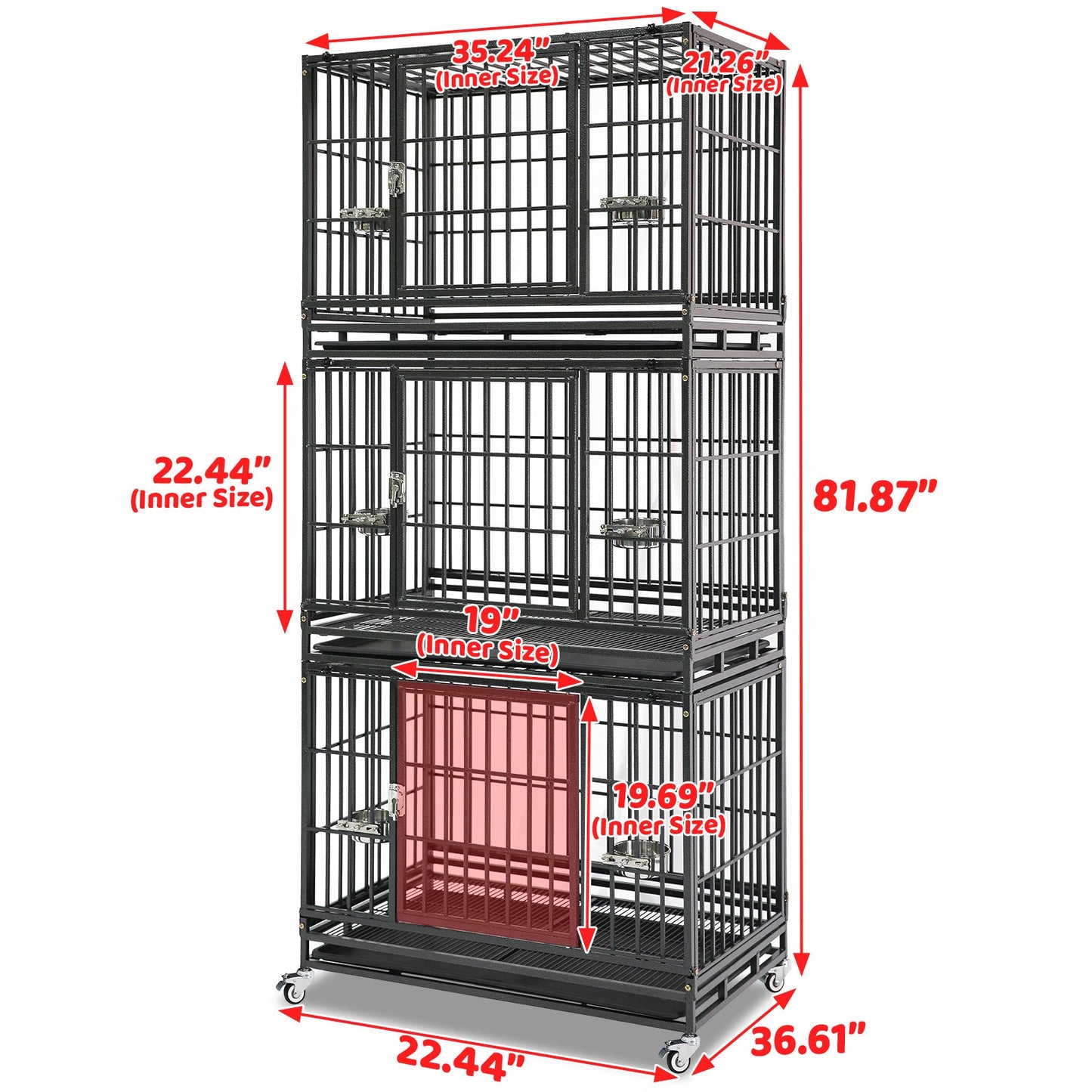 37 Inch Heavy Duty Dog Crate | Stackable Steel Kennel with Open Top, Wheels & Bowls