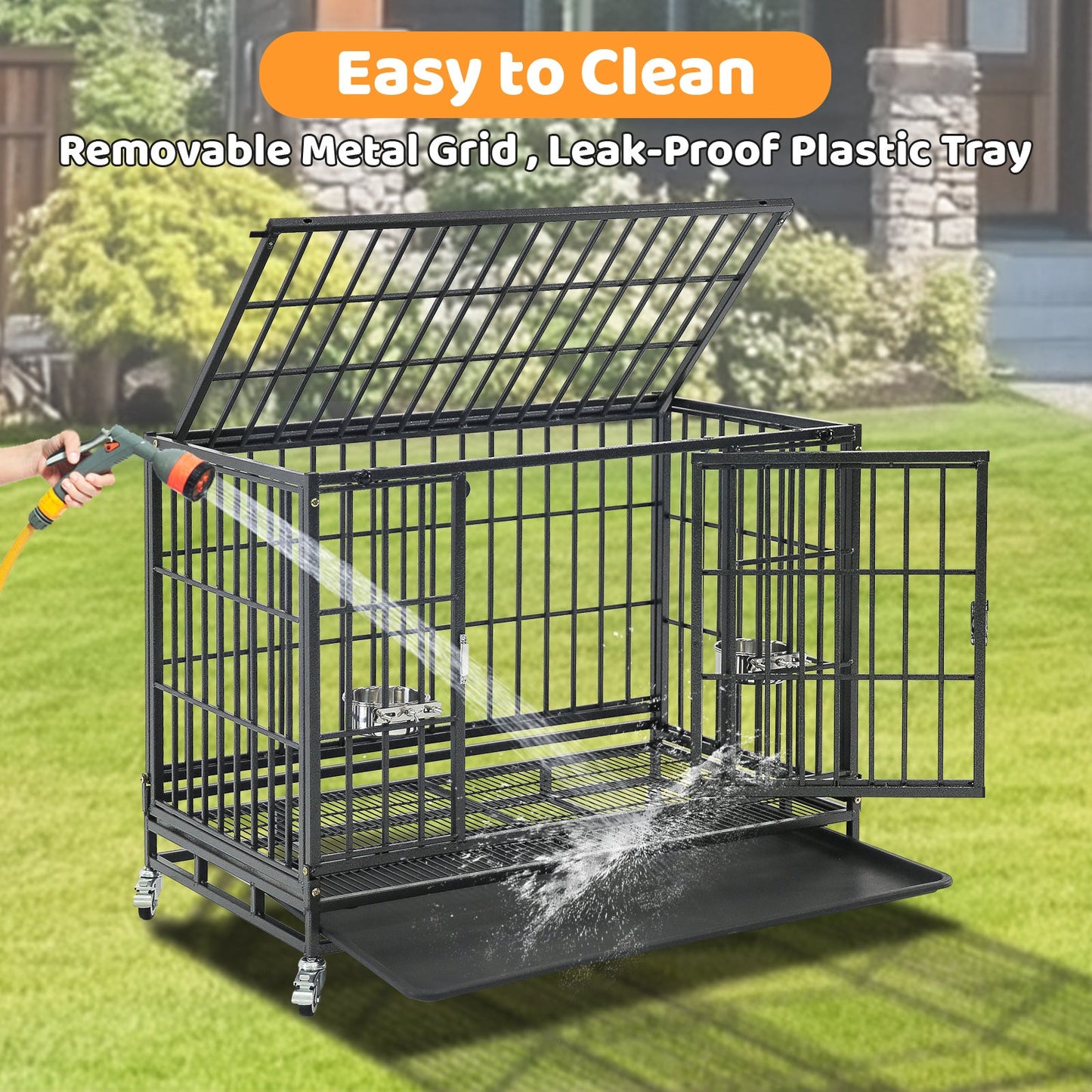 37 Inch Heavy Duty Dog Crate | Stackable Steel Kennel with Open Top, Wheels & Bowls