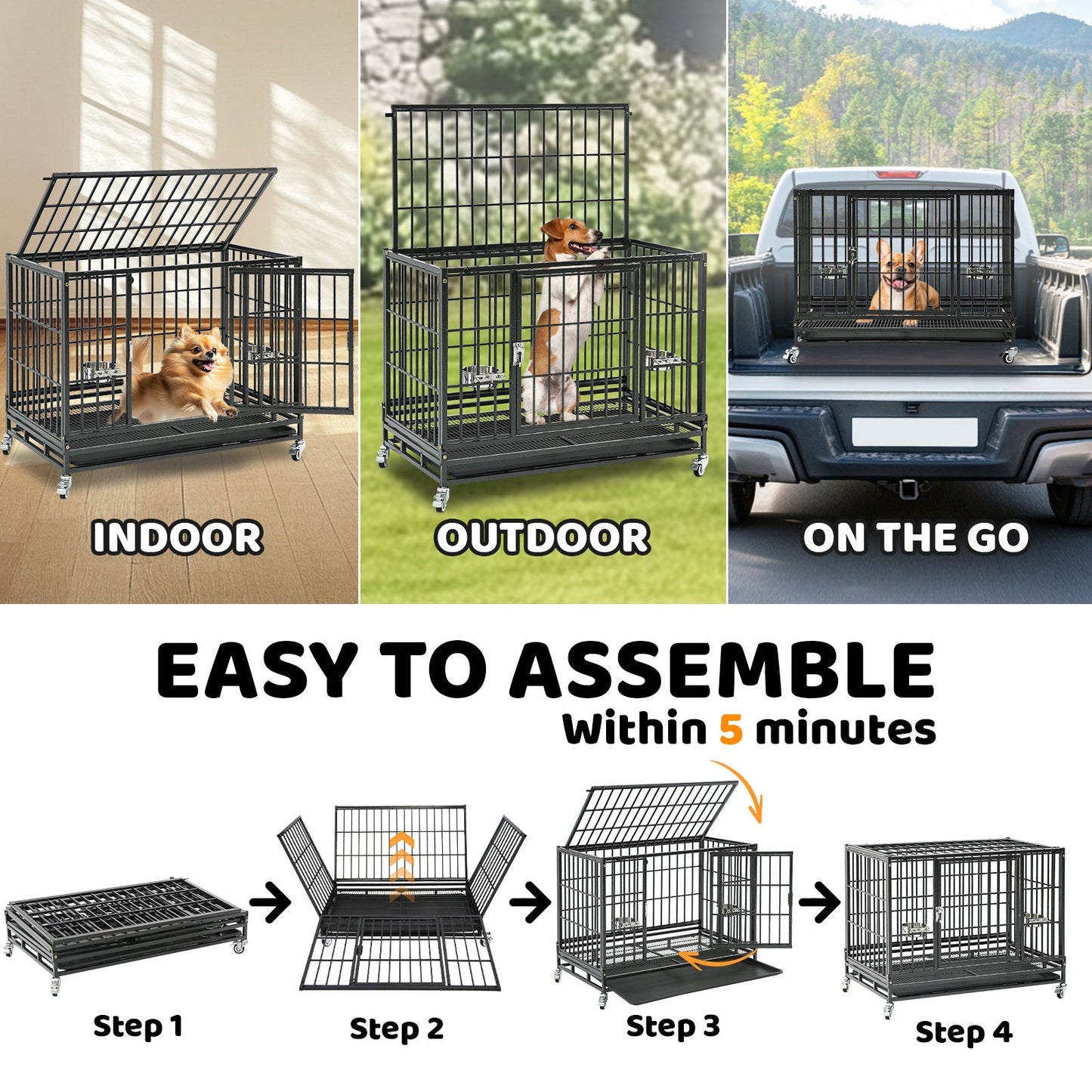 37 Inch Heavy Duty Dog Crate | Stackable Steel Kennel with Open Top, Wheels & Bowls