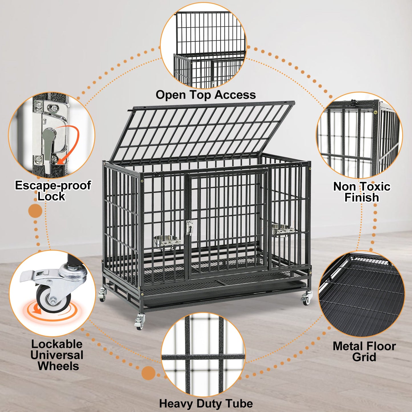 37 Inch Heavy Duty Dog Crate | Stackable Steel Kennel with Open Top, Wheels & Bowls
