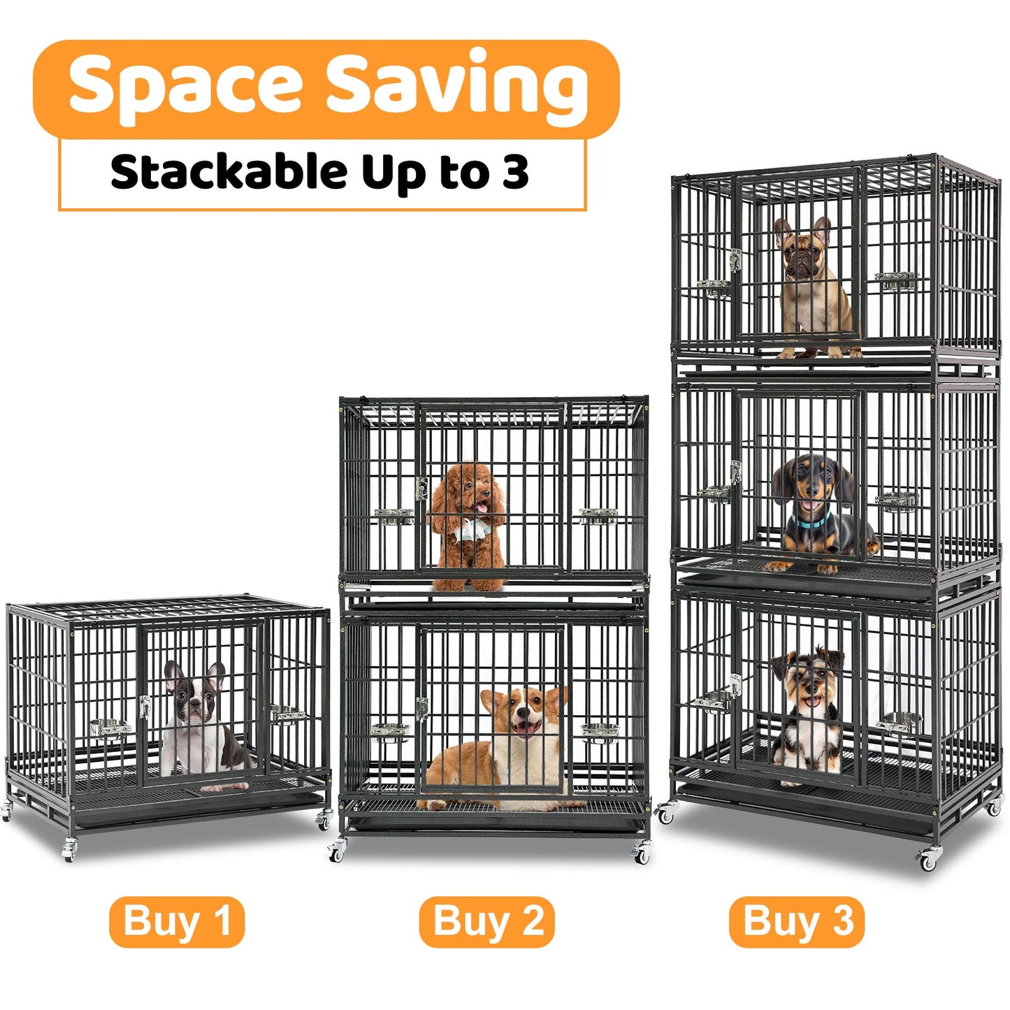 37 Inch Heavy Duty Dog Crate | Stackable Steel Kennel with Open Top, Wheels & Bowls