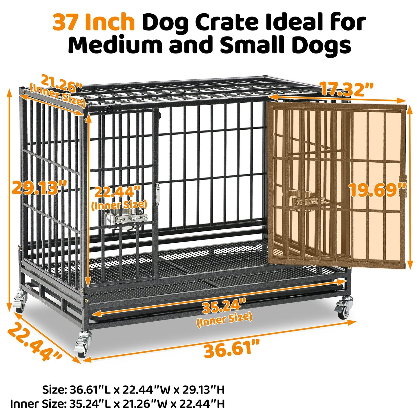 37 Inch Heavy Duty Dog Crate | Stackable Steel Kennel with Open Top, Wheels & Bowls