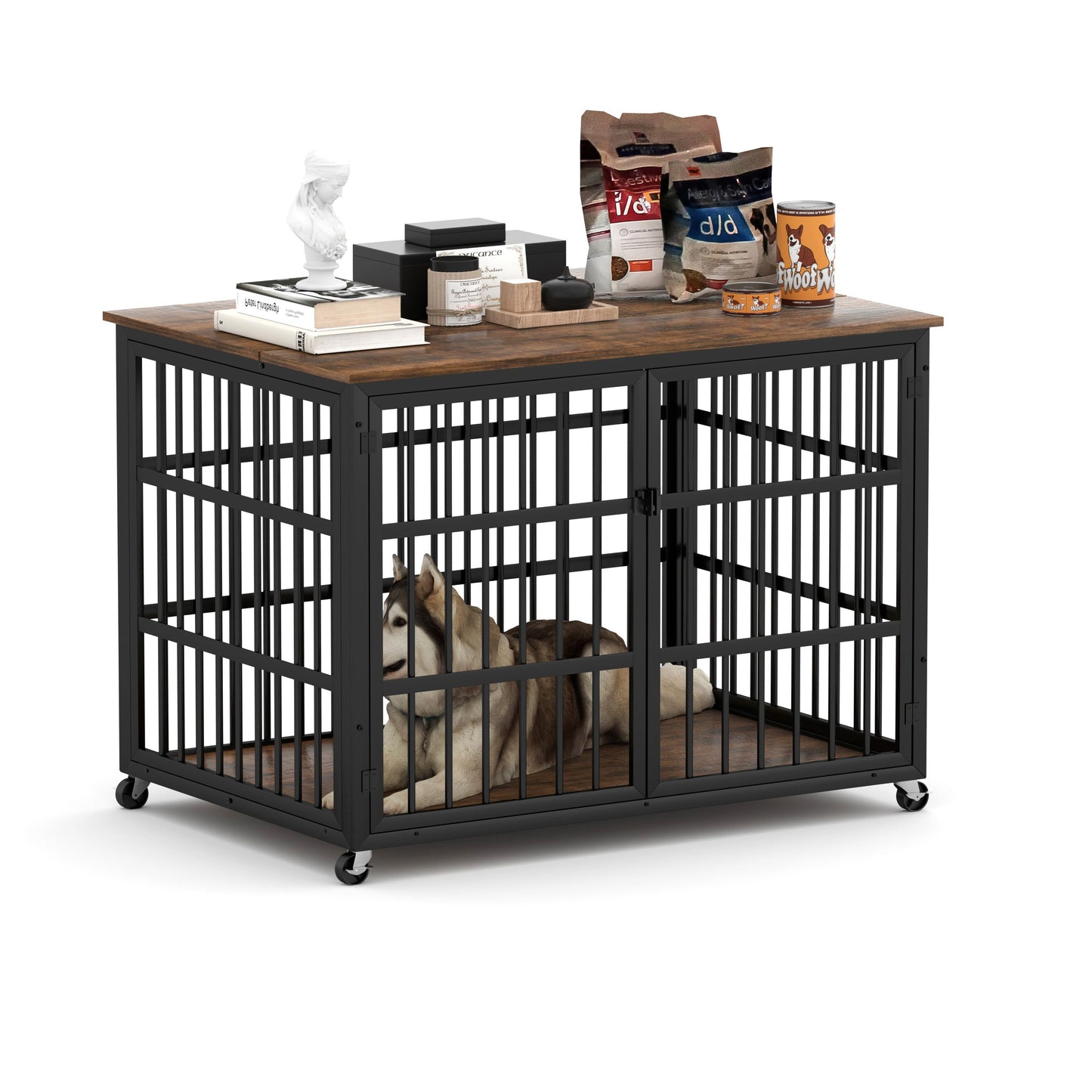 43" Furniture Style Dog Crate | Rustic Brown Dog Crate End Table on Wheels