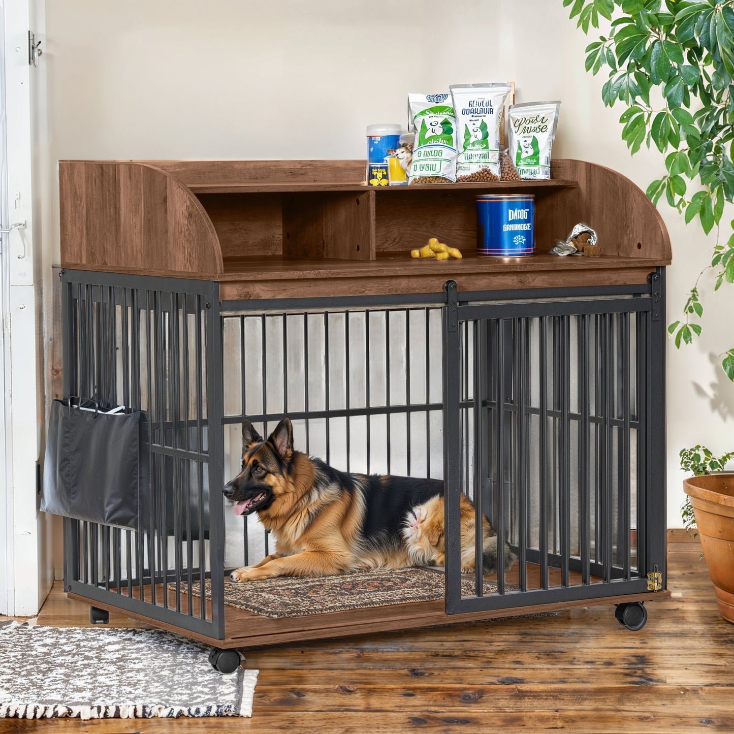 Wooden Dog Kennel End Table | 44" Heavy Duty Dog Crate Furniture with Wheels