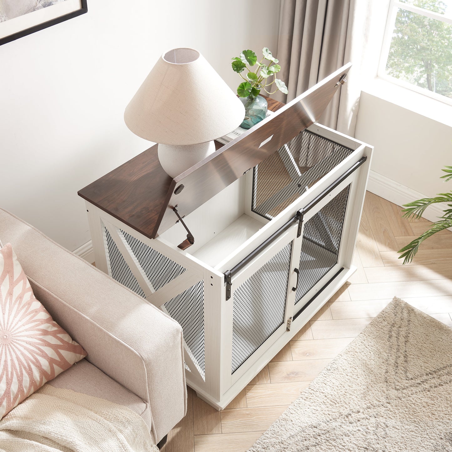 Farmhouse Dog Crate Furniture with Barn Door | Wooden Kennel End Table