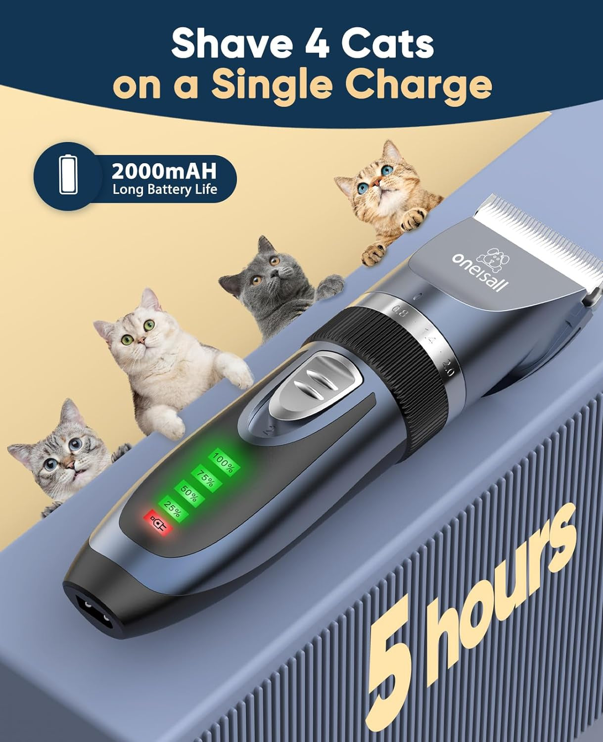 Cat Grooming Clippers with Guards, Oneisall Cordless Kit | Quiet Trims