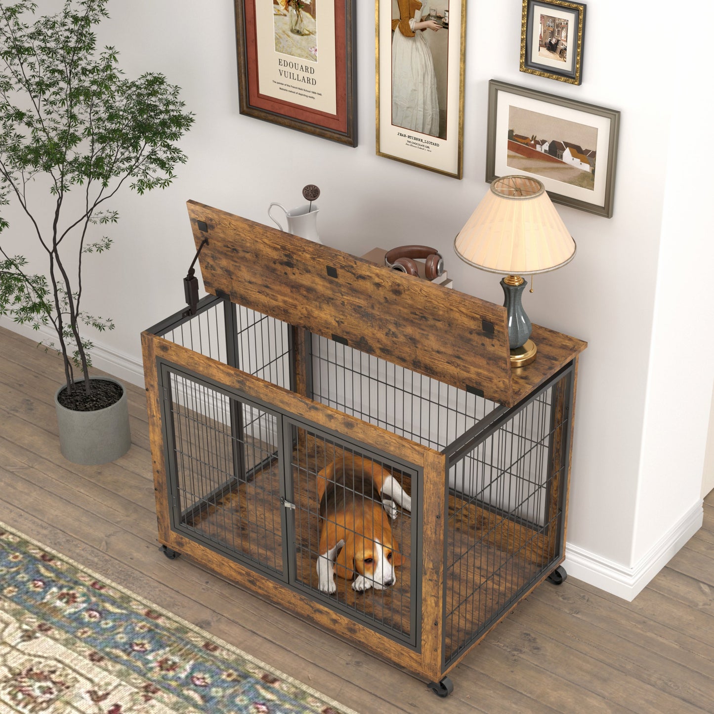 Furniture Dog Crate Side Table on Casters | Double Door Lift Top Kennel