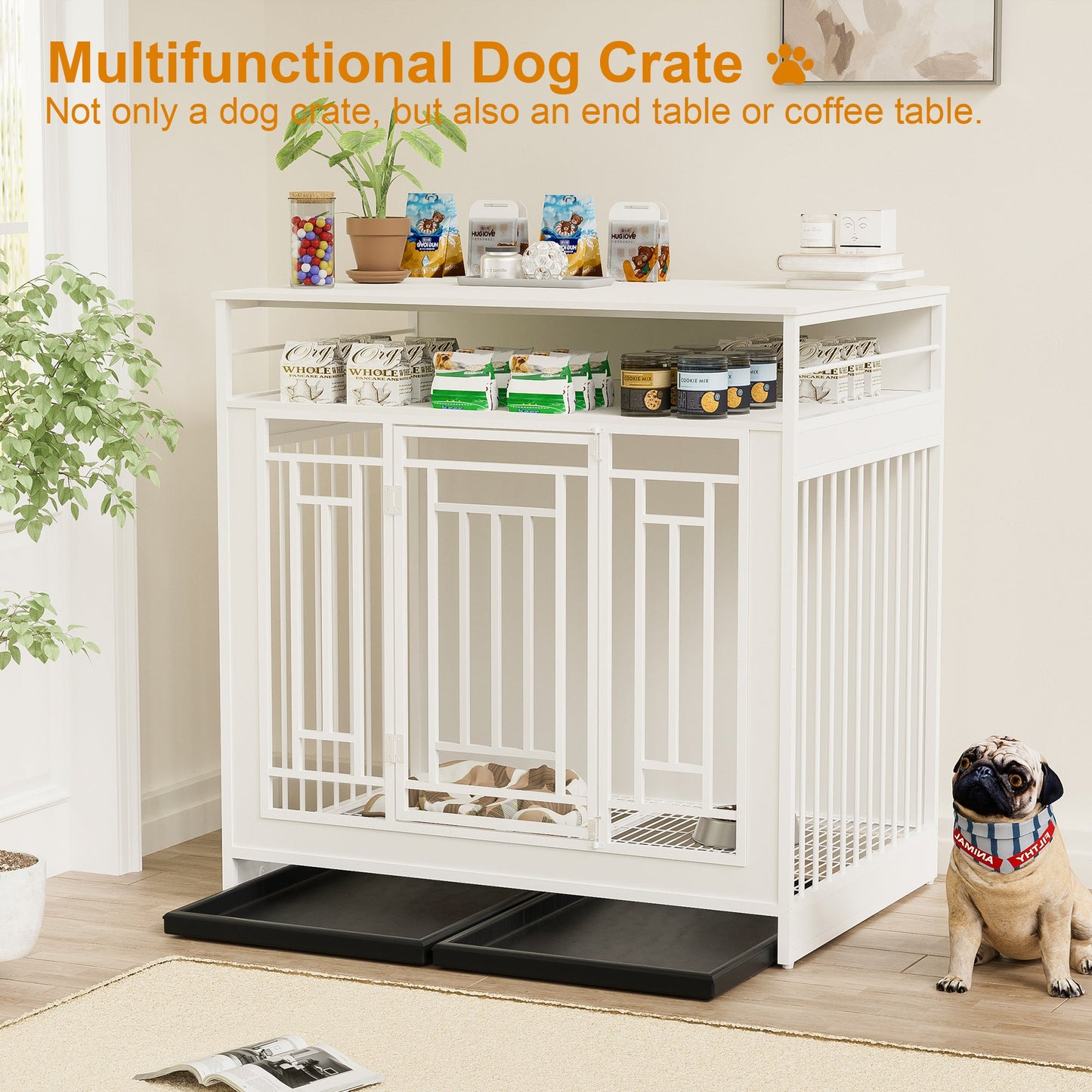 White Wooden Dog Crate Furniture | 43" End Table Kennel with Drawers