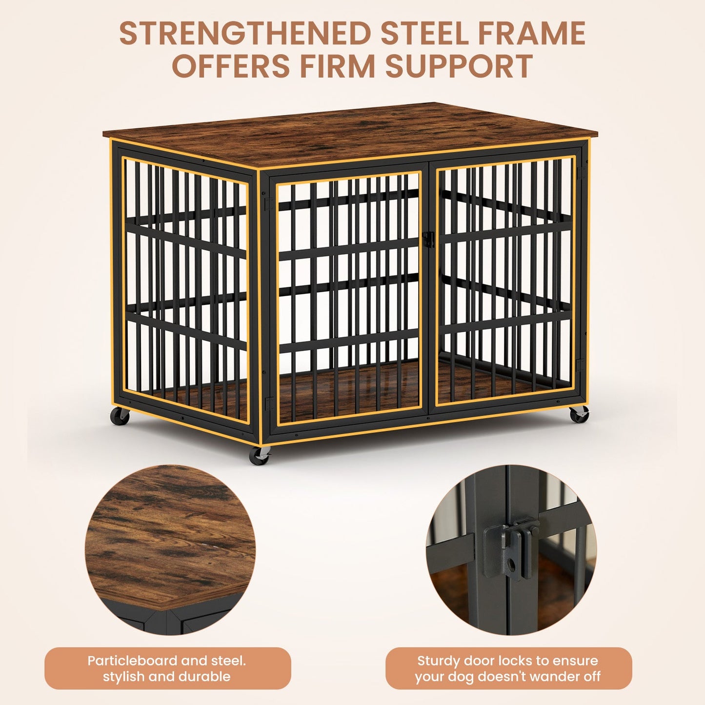 43" Furniture Style Dog Crate | Rustic Brown Dog Crate End Table on Wheels