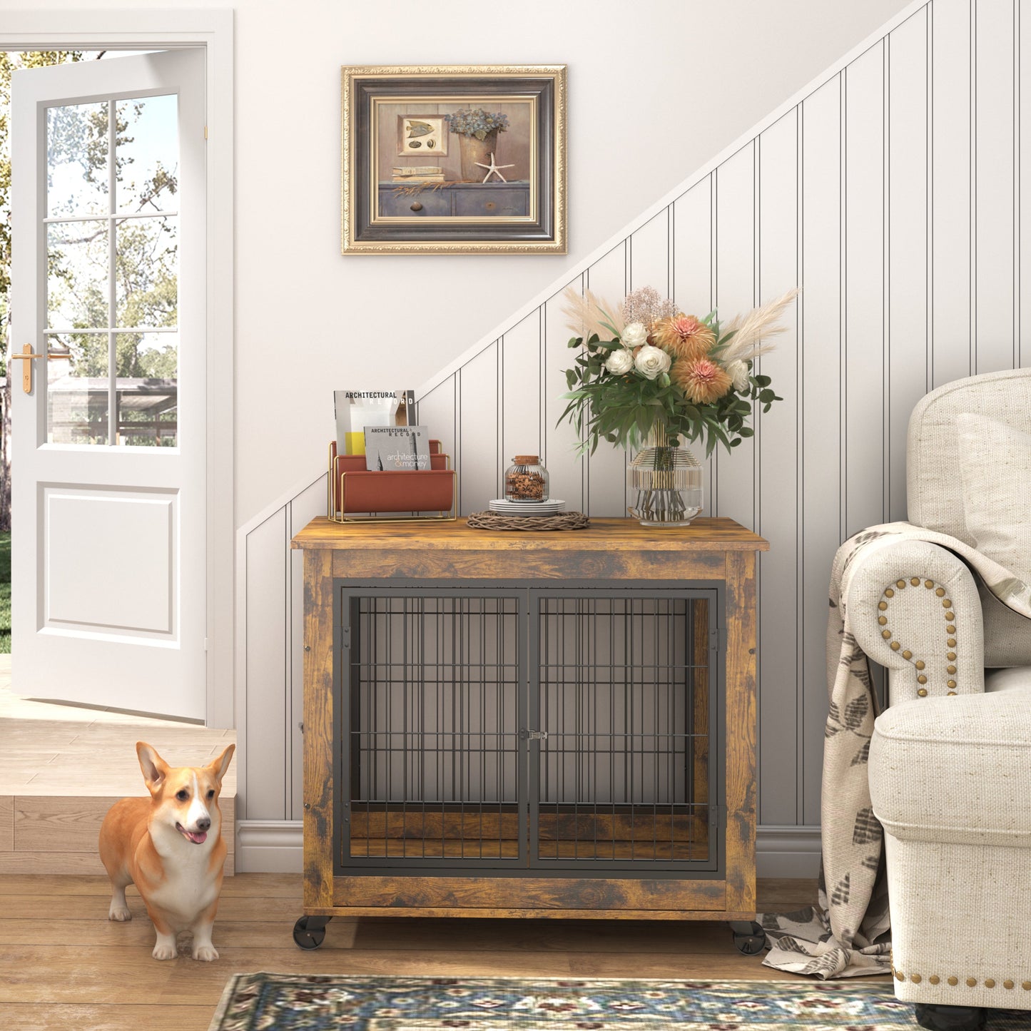 31.5" Furniture Style Dog Crate on Wheels | Wooden End Table Kennel