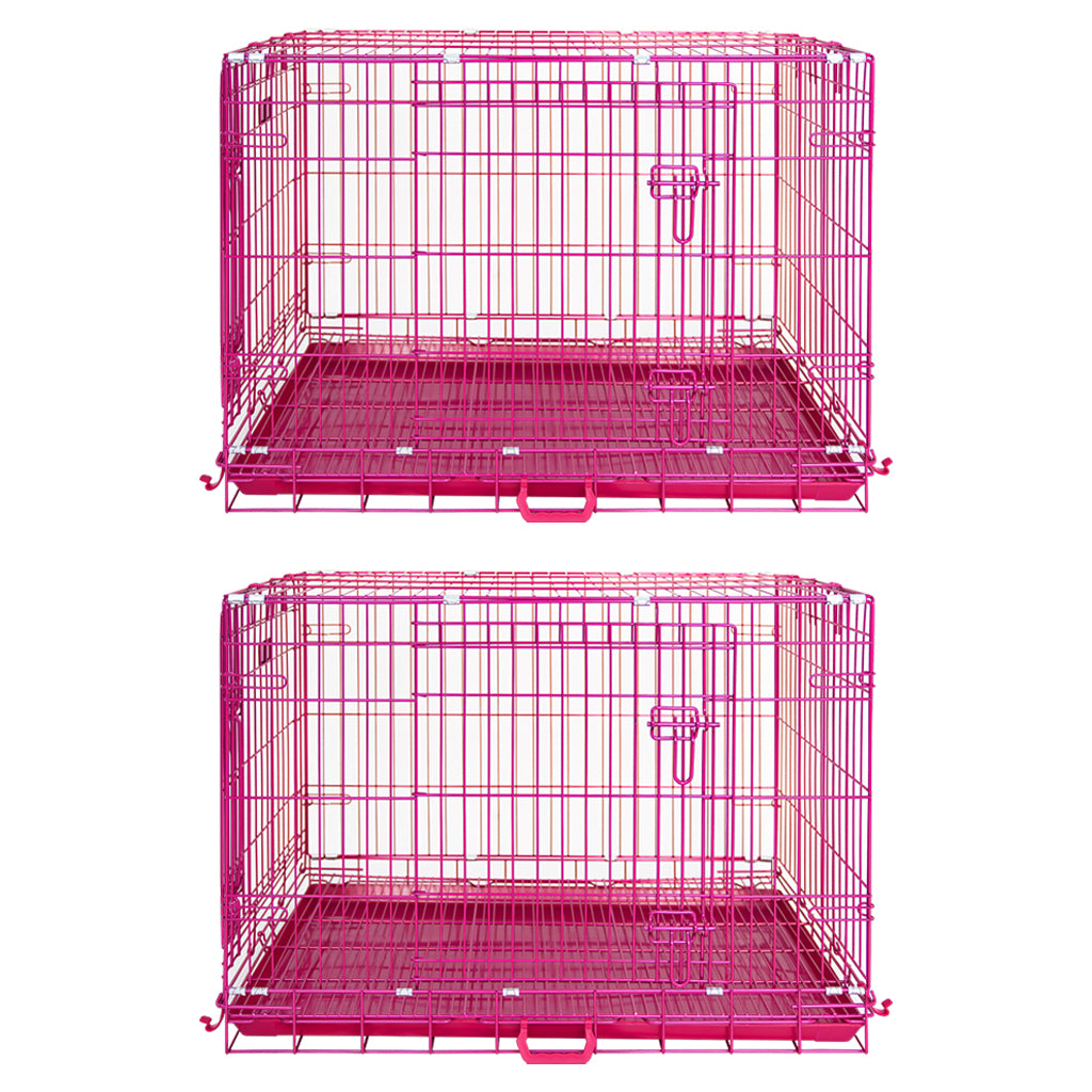 24-42" Collapsible Pink Dog Crate | Double Door Wire Kennel with Leak-Proof Tray