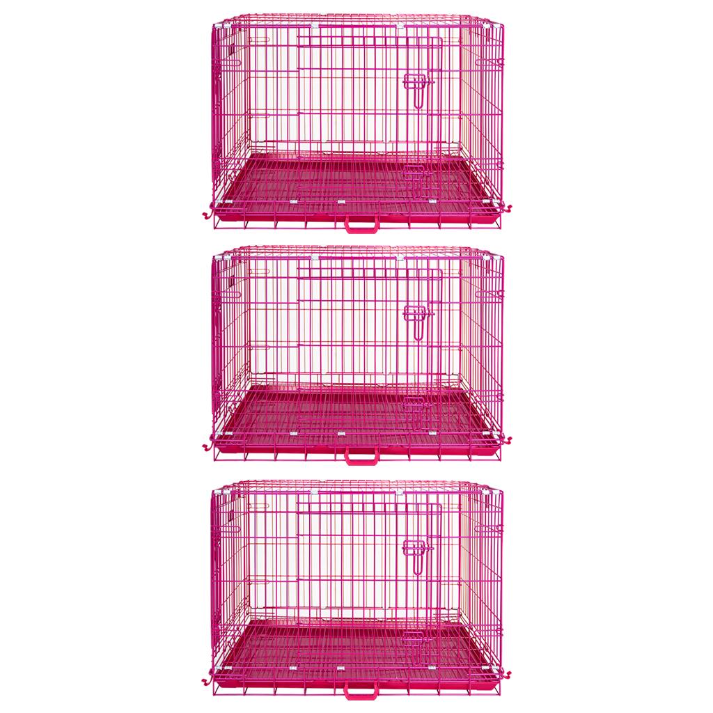 24-42" Collapsible Pink Dog Crate | Double Door Wire Kennel with Leak-Proof Tray