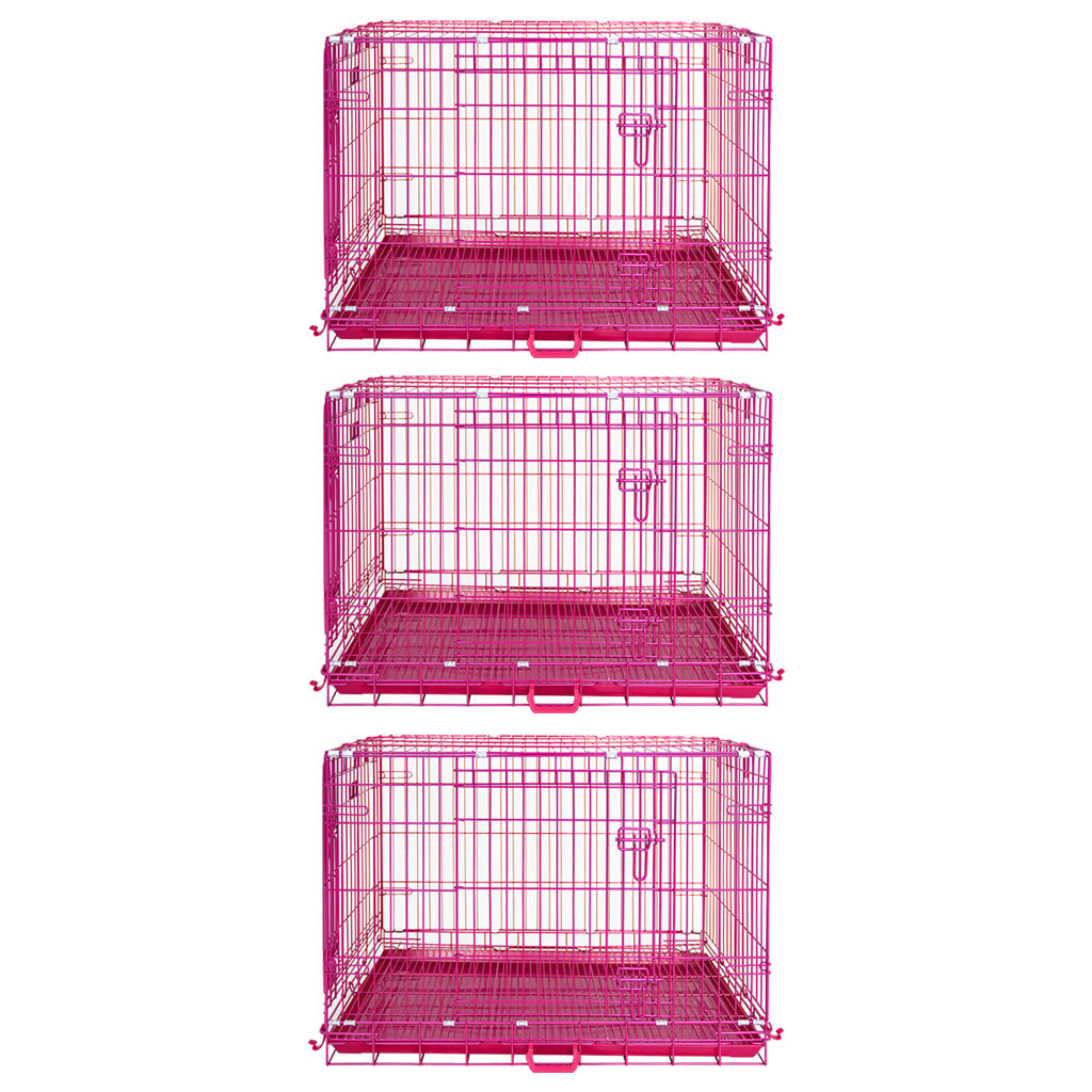 24-42" Collapsible Pink Dog Crate | Double Door Wire Kennel with Leak-Proof Tray