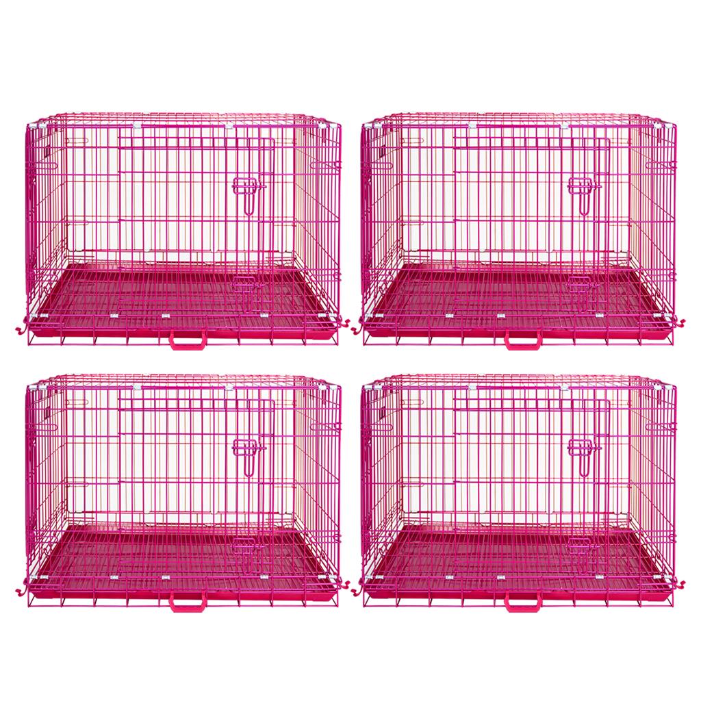 24-42" Collapsible Pink Dog Crate | Double Door Wire Kennel with Leak-Proof Tray
