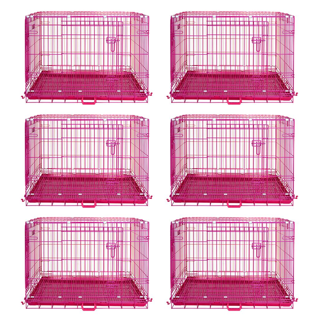 24-42" Collapsible Pink Dog Crate | Double Door Wire Kennel with Leak-Proof Tray