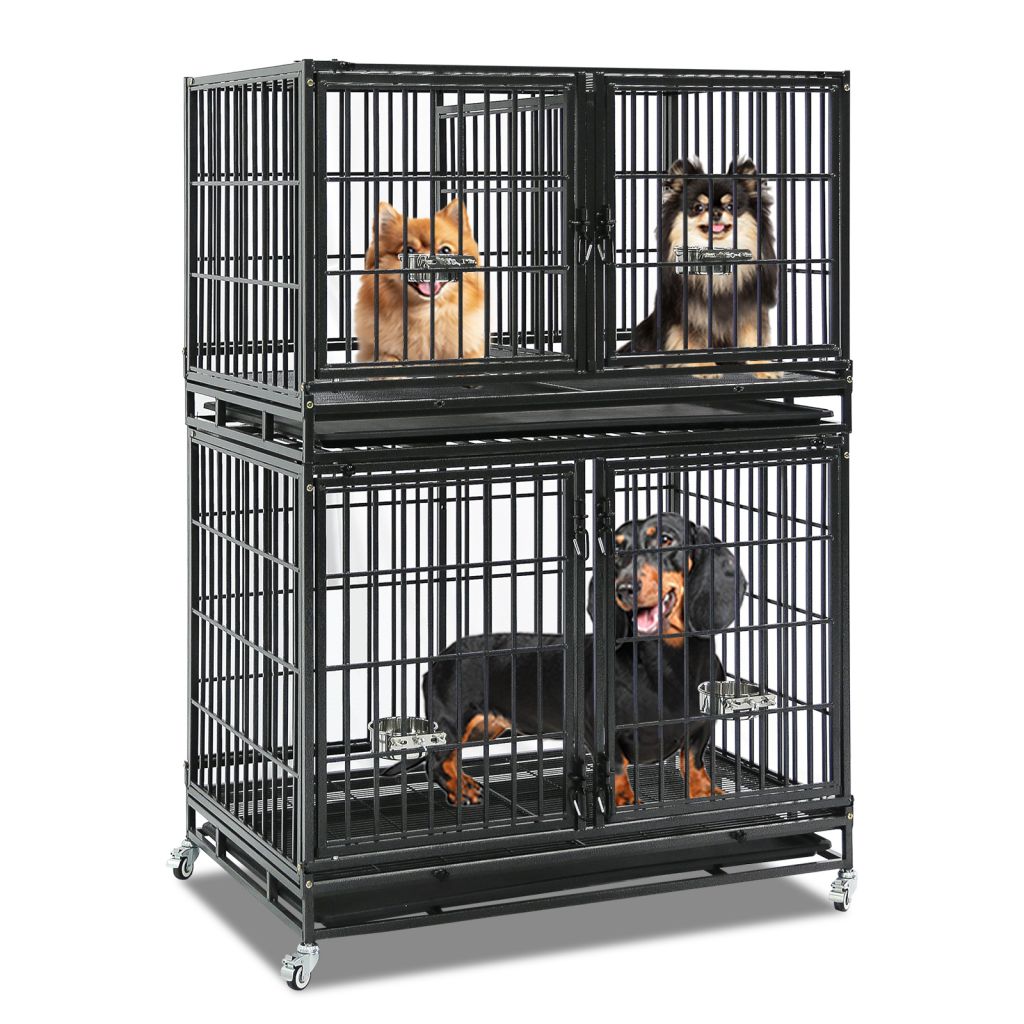 42 Inch Heavy Duty Dog Crate | Black Stackable Steel Pet Kennel on Wheels