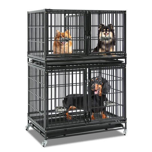 42 Inch Heavy Duty Dog Crate | Black Stackable Steel Pet Kennel on Wheels