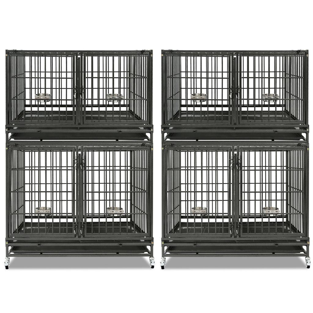 42 Inch Heavy Duty Dog Crate | Black Stackable Steel Pet Kennel on Wheels