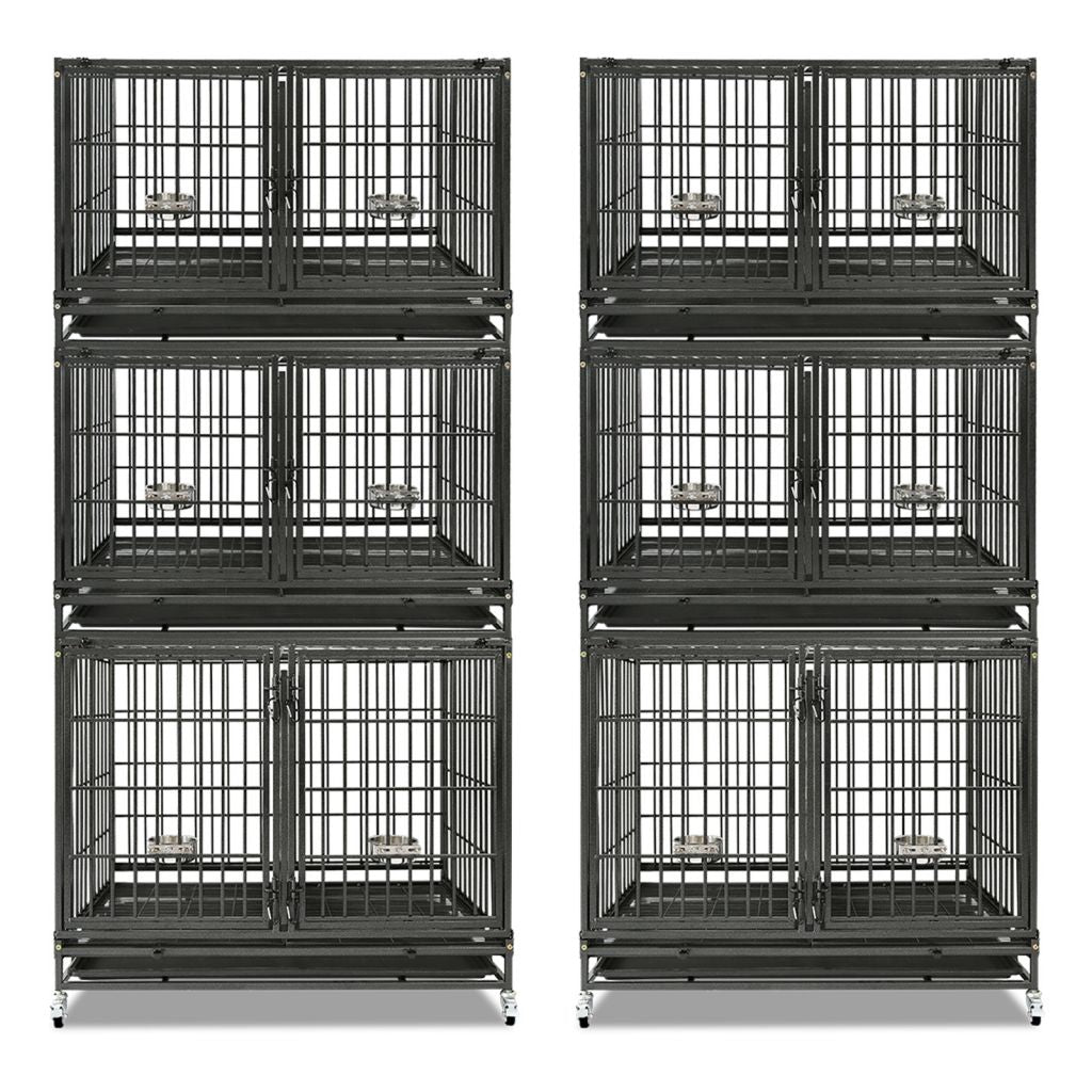 43" Heavy Duty 3 Tier Dog Crate | Stackable Steel Kennel with Dividers, Feeding Bowls & Lockable Wheels | Professional Grade