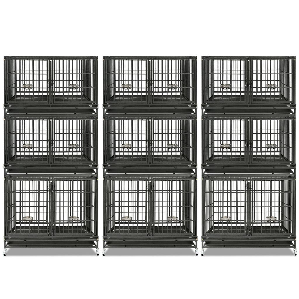 43" Heavy Duty 3 Tier Dog Crate | Stackable Steel Kennel with Dividers, Feeding Bowls & Lockable Wheels | Professional Grade