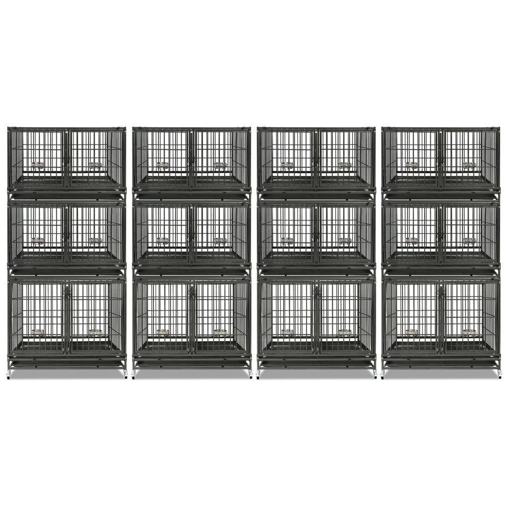 43" Heavy Duty 3 Tier Dog Crate | Stackable Steel Kennel with Dividers, Feeding Bowls & Lockable Wheels | Professional Grade