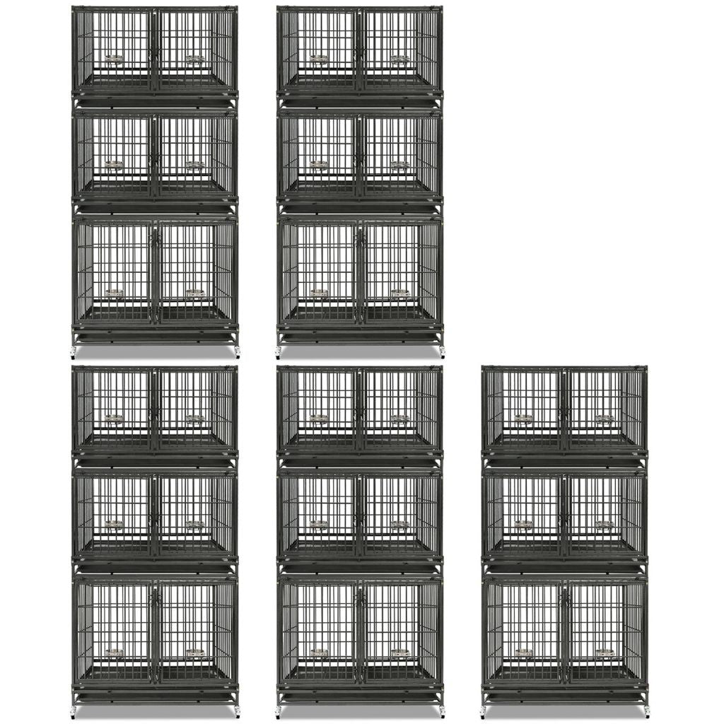 43" Heavy Duty 3 Tier Dog Crate | Stackable Steel Kennel with Dividers, Feeding Bowls & Lockable Wheels | Professional Grade