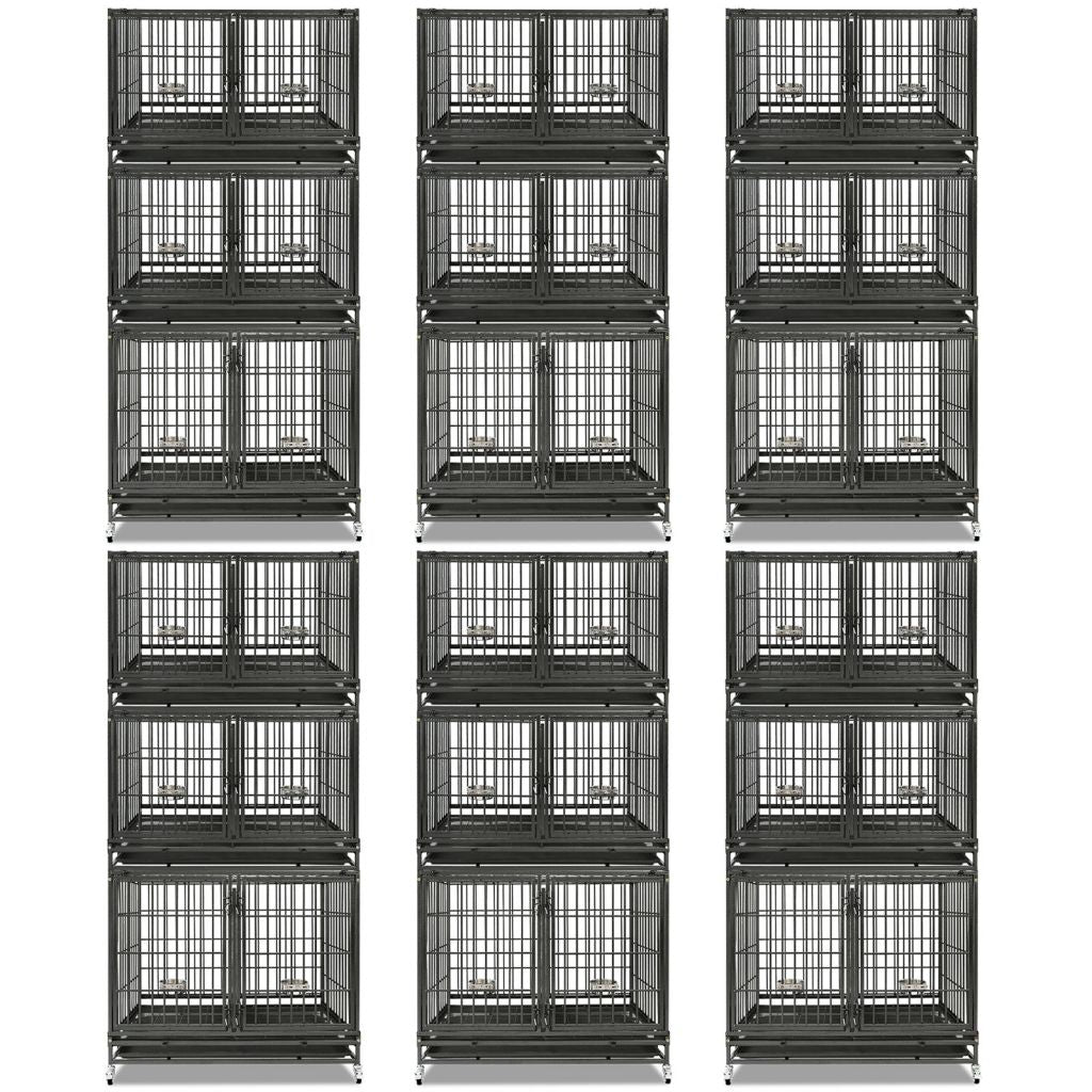 43" Heavy Duty 3 Tier Dog Crate | Stackable Steel Kennel with Dividers, Feeding Bowls & Lockable Wheels | Professional Grade