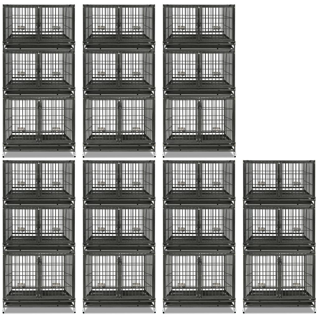 43" Heavy Duty 3 Tier Dog Crate | Stackable Steel Kennel with Dividers, Feeding Bowls & Lockable Wheels | Professional Grade