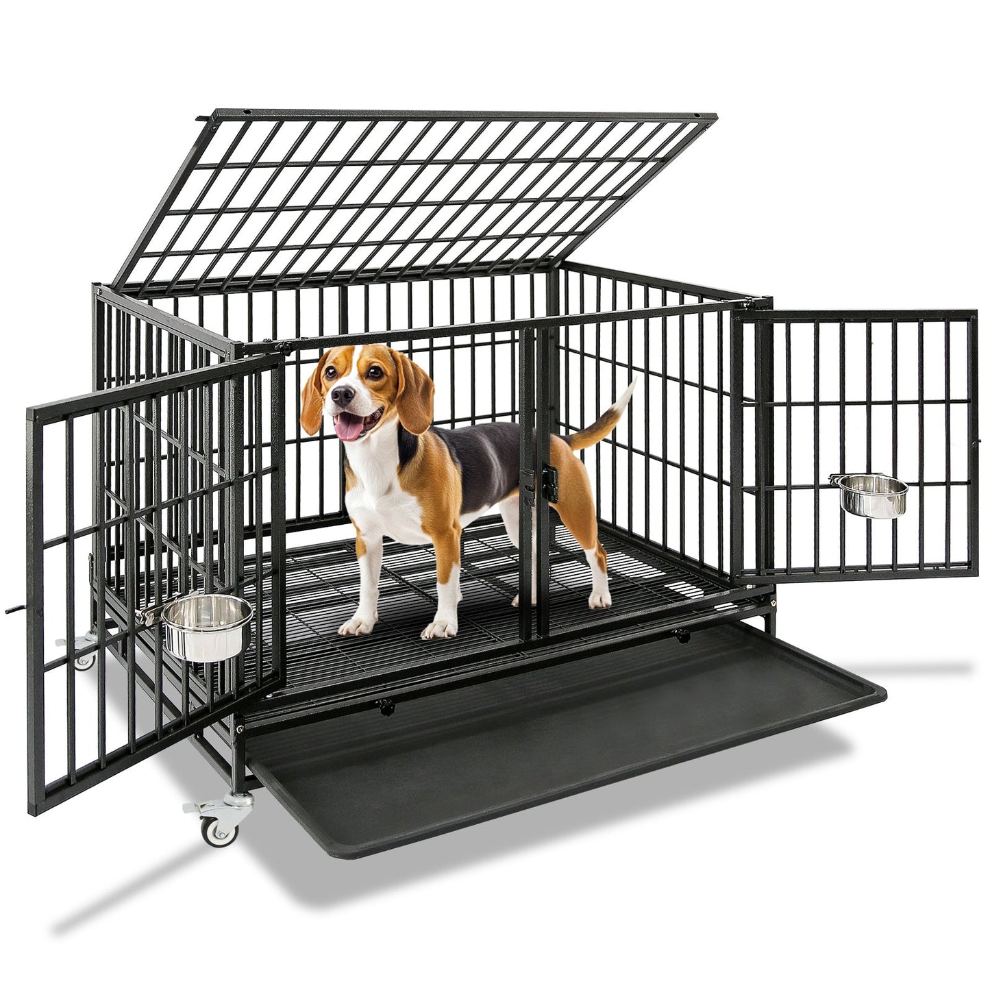 42 Inch Heavy Duty Dog Crate | Black Stackable Steel Pet Kennel on Wheels