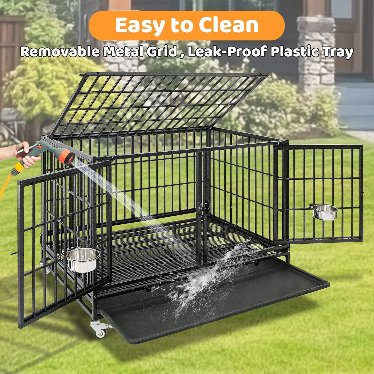 43" Heavy Duty 3 Tier Dog Crate | Stackable Steel Kennel with Dividers, Feeding Bowls & Lockable Wheels | Professional Grade