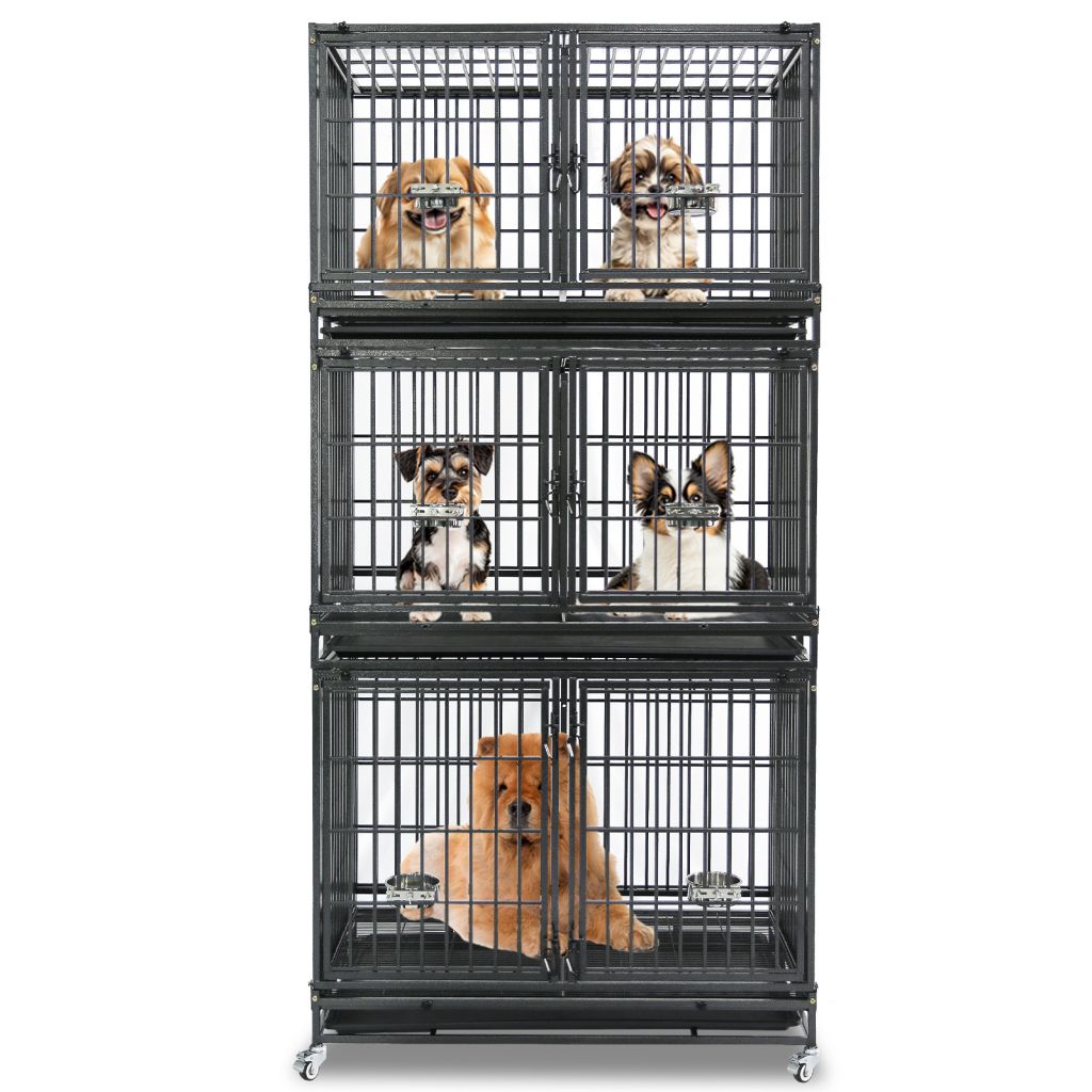 43" Heavy Duty 3 Tier Dog Crate | Stackable Steel Kennel with Dividers, Feeding Bowls & Lockable Wheels | Professional Grade