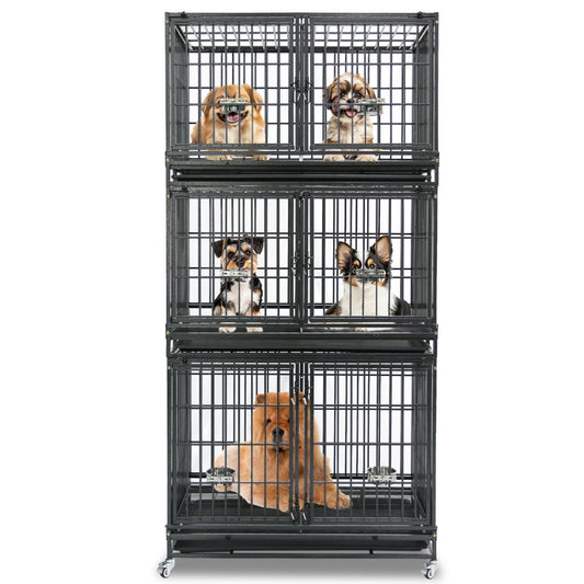 43" Heavy Duty 3 Tier Dog Crate | Stackable Steel Kennel with Dividers, Feeding Bowls & Lockable Wheels | Professional Grade